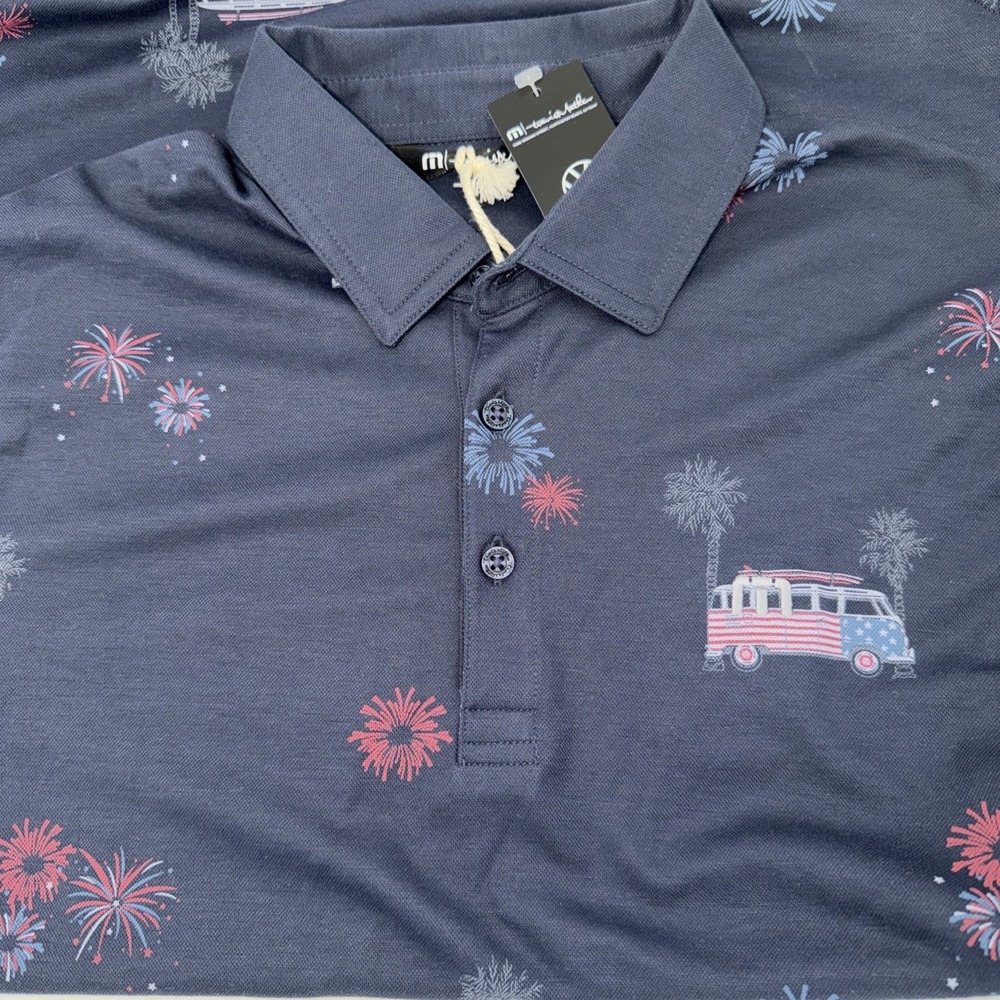 Travis Mathew Polo Shirt Mens S Blue Fireworks Party USA‎ Performance Golf New